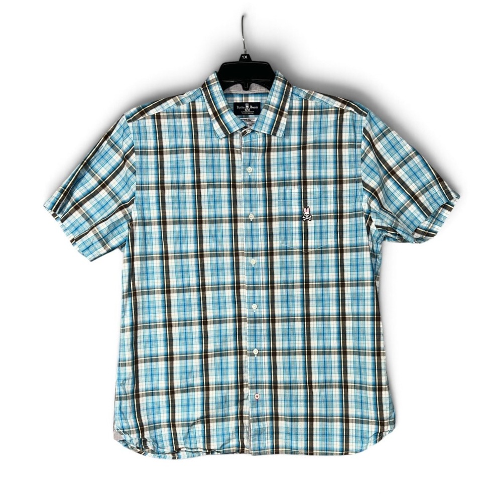 Psycho Bunny Button Down Shirt Mens XL Blue Plaid Pima Cotton Short Sleeve